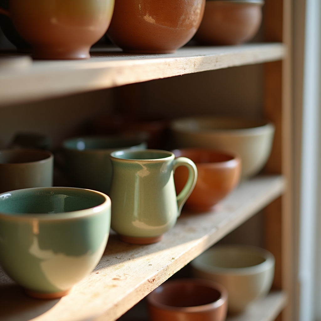Półka z gotowymi naczyniami ceramicznymi wykonanymi przez uczestników zajęć