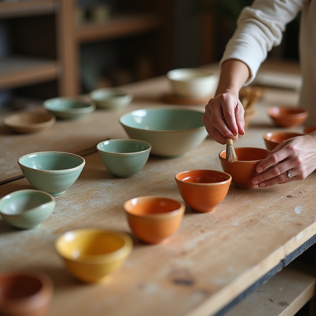 Stół warsztatowy z pędzlami i miskami szkliw ceramicznych podczas zajęć z glazurowania