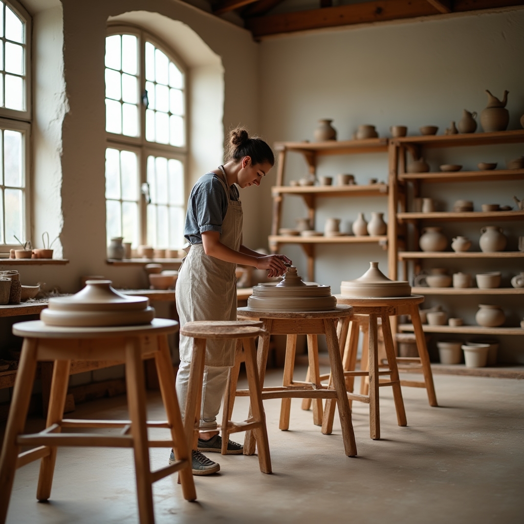 Wnętrze pracowni ceramicznej z kołami garncarskimi i naturalnym światłem