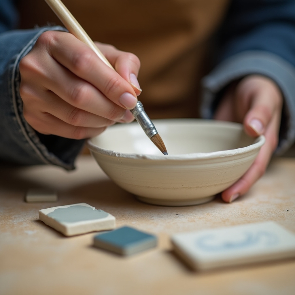 Detal dłoni nakładającej szkliwo na powierzchnię ceramicznego naczynia